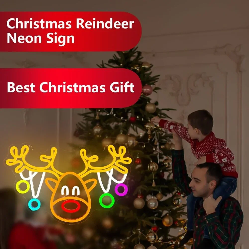 Christmas Reindeer Neon Sign Led Candy Dimmable Light Up Sign for Party Kids